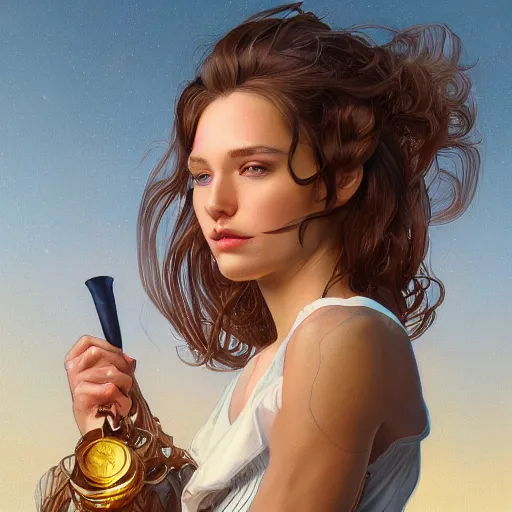 Image similar to clear portrait of namekeyword holding a objectkeyword, golden hour background, cottagecore!!, hyper detailed, character concept, full body, dynamic pose, intricate, elegant, highly detailed, digital painting, artstation, concept art, smooth, sharp focus, illustration, art by artgerm and greg rutkowski and alphonse mucha