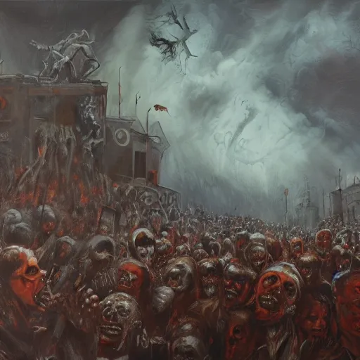 Image similar to Procession of the damned by Wayne Barlow, oil painting, detailed, clean brush strokes, wide angle, sinister horror