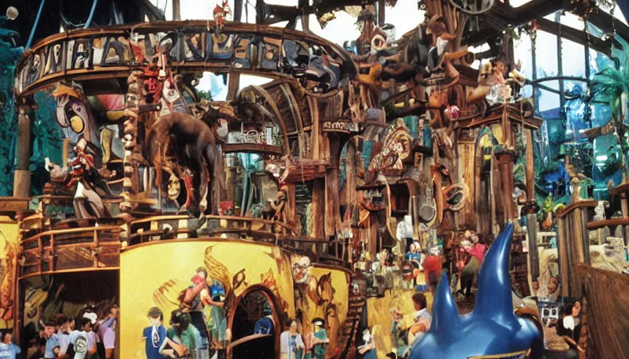 Prompt: 1990s photo of inside the Dogboy's Pirate Adventures show ride at Universal Studios in Orlando, Florida, children riding an animatronic dog through a Pirate village , cinematic, UHD