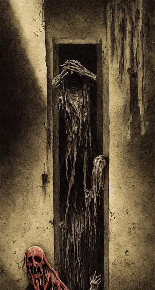 Image similar to lonely cannibal in alleyway, skinny and hunry with black tatterd clothing and bloody fingers at night, horror, gothic, lovecraftian, 4 k, realistic, high detail, gruesome, by zdzisław beksinski