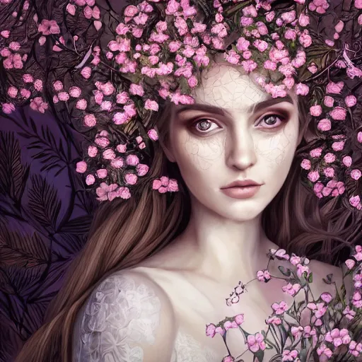 Prompt: a picture of a woman with a symmetrical detailed face, in a white lace dress and covered in flowers and leaves sitting in an enchanted forest, sunset, high fantasy, elegant, epic, detailed, intricate, digital painting, concept art, realistic detailed face, smooth, focus, soft rim light,