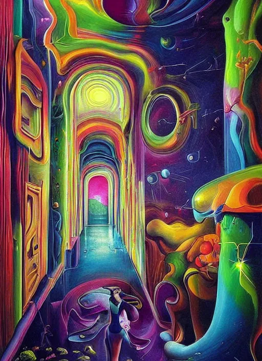 Prompt: an extremely high quality hd surrealism painting of a 3d galactic neon complimentary-colored cartoony surrealism melting optically illusiony hallway by kandsky and salviadoor dali the seventh, salvador dali's much much much much more talented painter cousin, 4k, ultra realistic, super realistic, so realistic that it changes your life