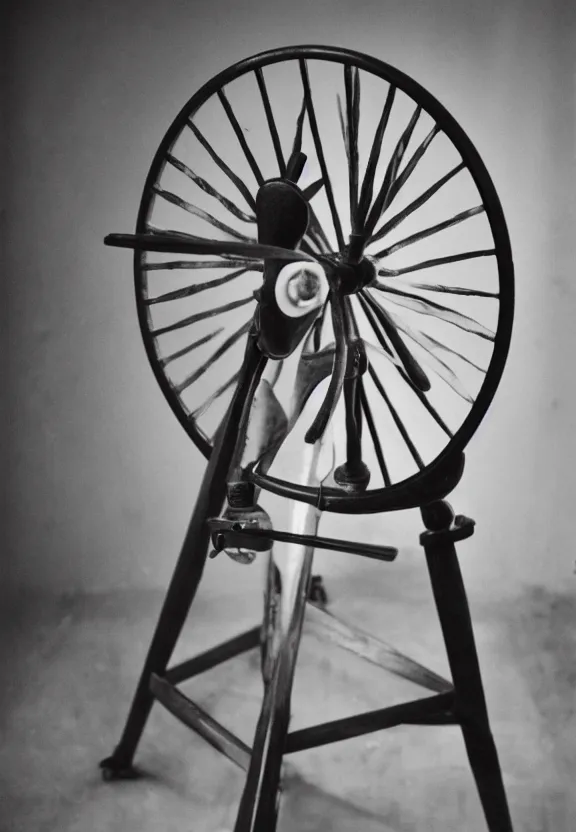 Image similar to a spinning wheel sitting on top of a stool, a surrealist sculpture by marcel duchamp, behance, fluxus, studio portrait, academic art, studio light, grainy 3 5 mm film