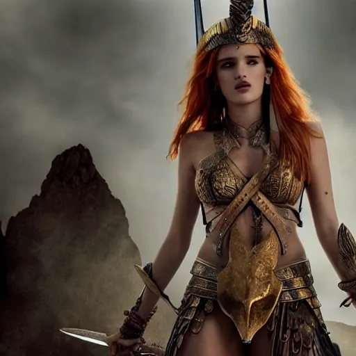 Prompt: bella thorne as the powerful goddess of war in her throne, ground mist, cinematic