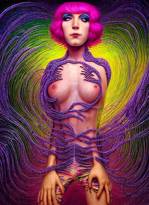 Image similar to hyper detailed 3d render like a painting - Ramona Flowers with wavy black hair wearing thick mascara seen out Eating of the Strangling breathless Suffocating network of colorful yellowcake and aerochrome and milky and Her staring intensely delicate Hands hold of gossamer polyp blossoms bring iridescent fungal flowers whose spores black the foolish stars by Jacek Yerka, Mariusz Lewandowski, her silly playful fun face, Houdini algorithmic generative render, Abstract brush strokes, Masterpiece, Edward Hopper and James Gilleard, Zdzislaw Beksinski, Mark Ryden, Wolfgang Lettl, Dan Hiller, hints of Yayoi Kasuma, octane render, 8k