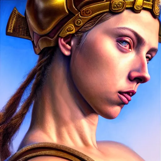 Image similar to hyperrealistic mixed media painting of beautiful goddess Athena played by Scarlett Johansson, stunning 3d render inspired art by P. Craig Russell and Barry Windsor-Smith, perfect facial symmetry, dim volumetric lighting, 8k octane beautifully detailed render, post-processing, portrait, extremely hyper-detailed, intricate, epic composition, brown brown brown eyes, realistic eyes, cinematic lighting, masterpiece, trending on artstation, detailed detailed detailed, masterpiece, stunning