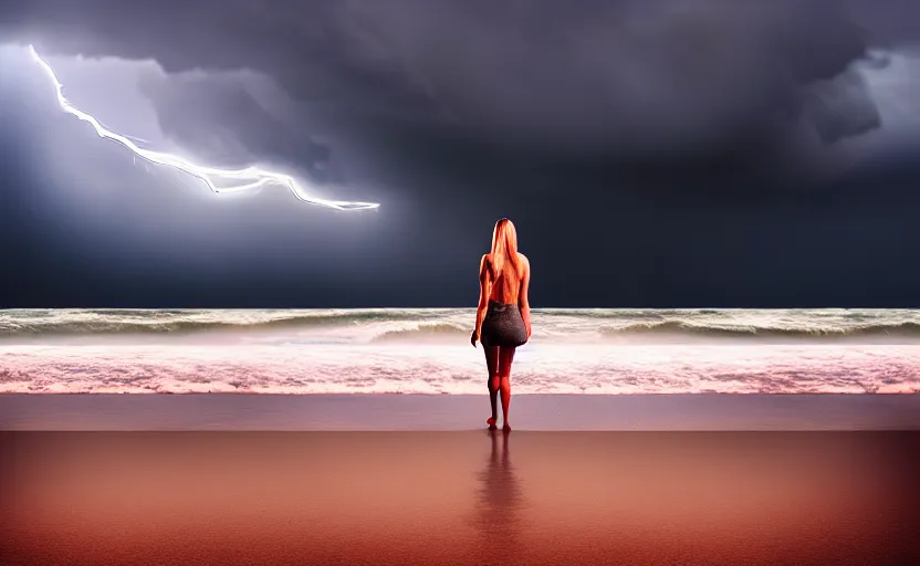 Image similar to a hyperdetailed photorealistic beautiful woman standing on a beach in a severe thunderstorm, rain, global illumination, volumetric lighting, cinematic framing, cinematic lighting, cinematic shadows