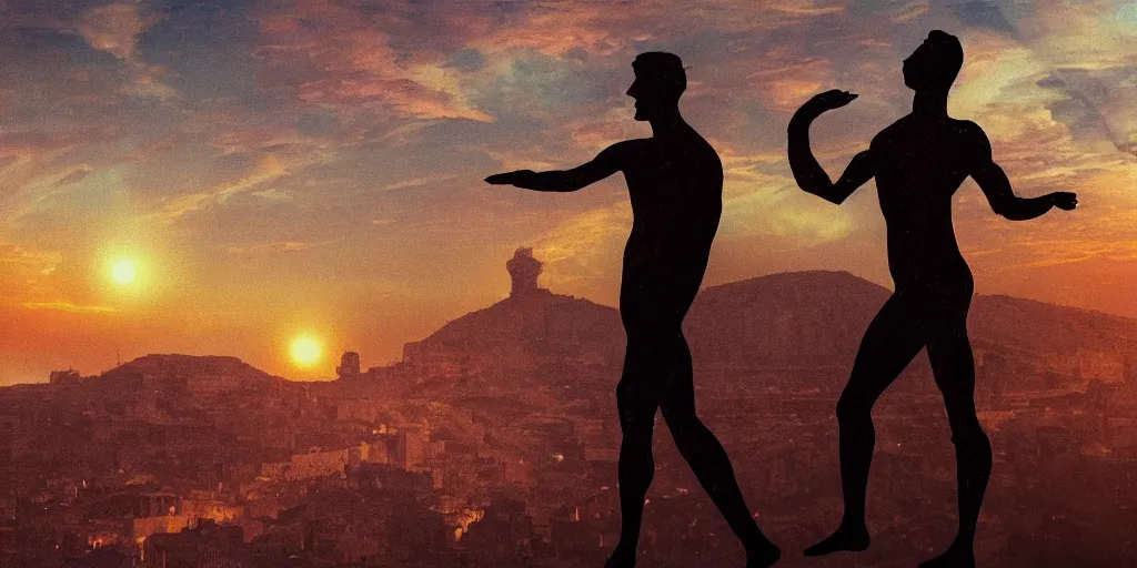 Prompt: a solar eclipse in the sky above, the city of ancient babylon below in the distance, the city is on fire, full-body silhouette of a single observer in the foreground, the figure is an ancient greek athletic man, the outlines of the figure are soft focus and hazy, thick impasto paint, double exposure, lens flare