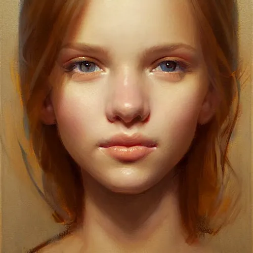 Prompt: Facial portrait of a pretty young cute girl, looking at the camera, slight awkward smile, lips slightly parted, no hands visible, extremely detailed painting by Greg Rutkowski and by Henry Justice Ford and by Steve Henderson