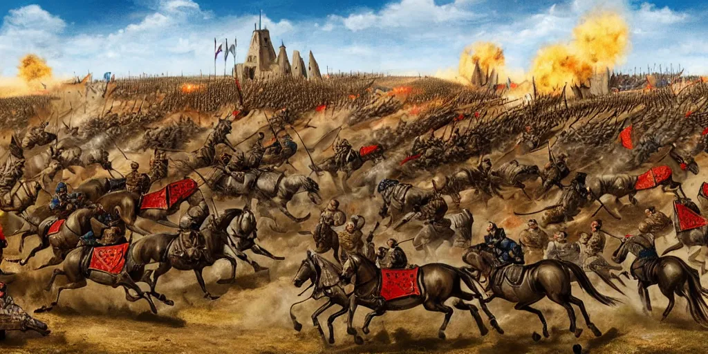 Image similar to medieval battlefield filled with cavalry fleeing from monster trucks