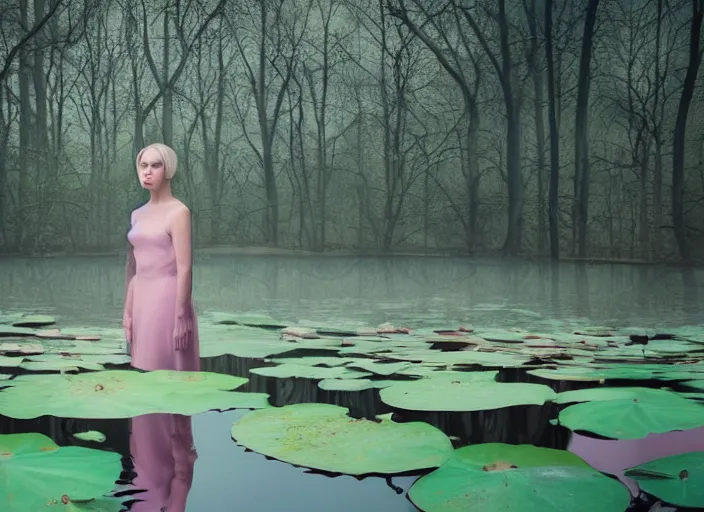 Prompt: cinematic mid shot of a high detail, woman's face looking off camera. fine facial features. she stands in an empty, pastel colourful 3 d, water lilly swamp, by jeffrey smart and gregory crewdson and edward hopper, inspired by the grand budapest hotel