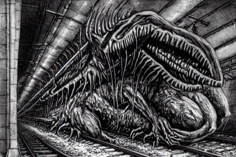 Image similar to very large giant mutant zombie irradiated ( angry rat ) staying on railways in tonnel of moscow subway. tonnel, railways, giant angry rat, furr, fangs, claws, very realistic. extreme long shot, wide angle, herman nitsch and herman nitsch, giger.