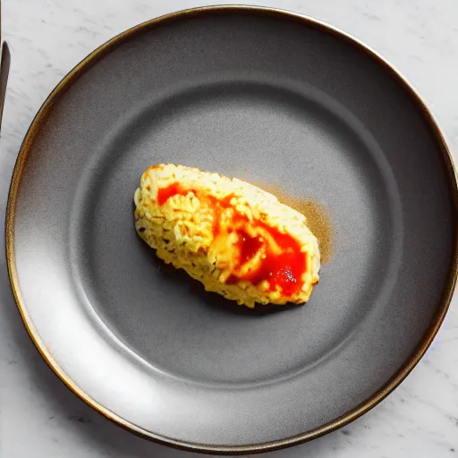 Prompt: a minimalist eating omurice on a embossed silver plate, color restoration, clear focus, golden hour