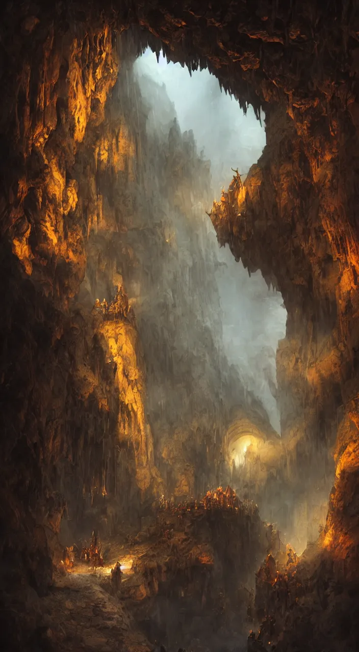 Prompt: a huge dragon attacking five medieval explorers inside an enormous cavern, ruined medieval architecture, magic, dark atmosphere, mist, vivid lighting, complementary colors, highly detailed, 8 k matte painting, cinematic lighting, artstation, by marc simonetti, by chris cold, by vladimir manyukhin, octane render