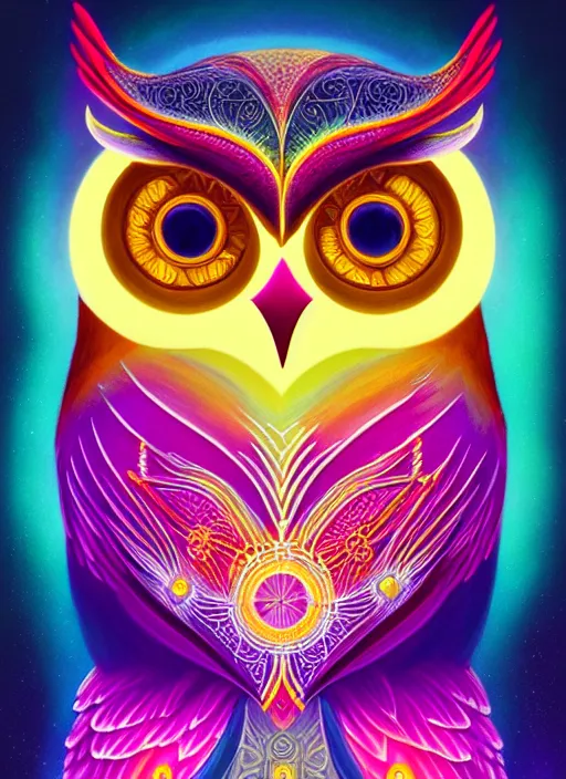 Image similar to symmetry!! product render poster vivid colors divine proportion owl, cosmos, glowing fog intricate, elegant, highly detailed, digital painting, artstation, concept art, smooth, sharp focus, illustration,