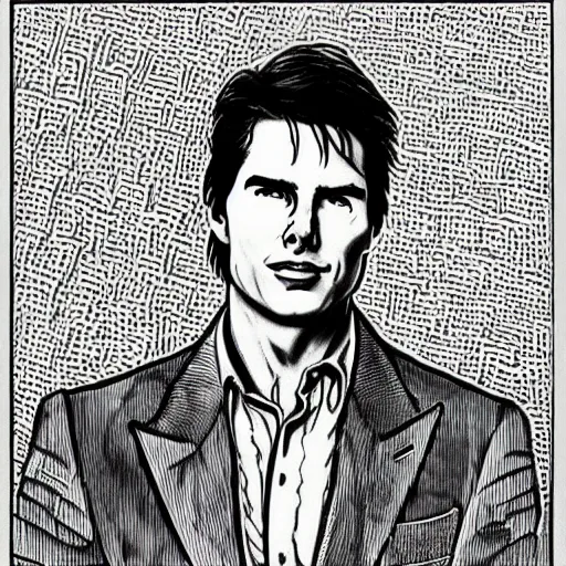 Image similar to a portrait drawing of Tom Cruise drawn by Robert Crumb