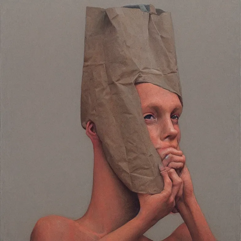 Image similar to woman portrait with a paper bag over the head, highly detailed, artstation, art by zdislav beksinski, wayne barlowe, edward hopper