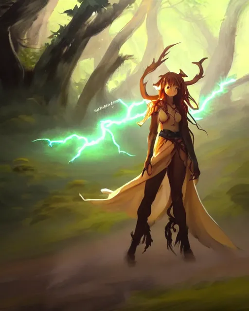 Image similar to greg manchess character concept art of a powerful druid summoning lightning, forest background | | anime anime anime, costume concept design, cute - fine - face, realistic shaded perfect face, fine details by stanley artgerm lau, wlop, rossdraws, james jean, andrei riabovitchev, and sakimichan, trending on artstation