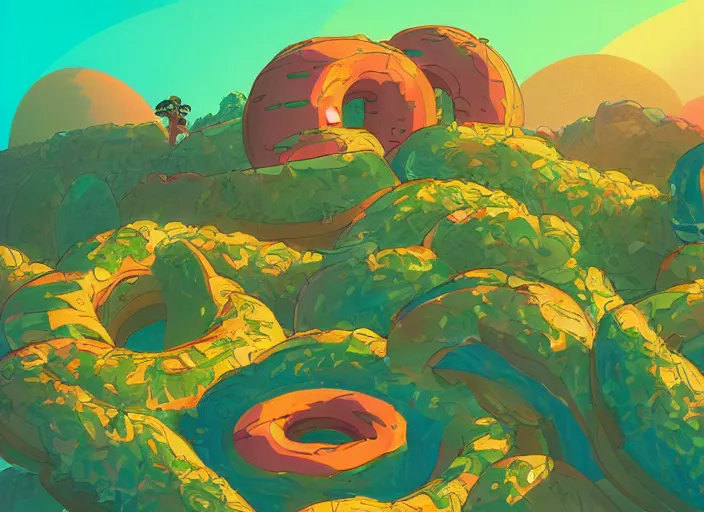 Image similar to concept art of a donut landscape made of bananas, cel shaded, in the style of makoto shinkai and moebius and peter mohrbacher and anton fadeev