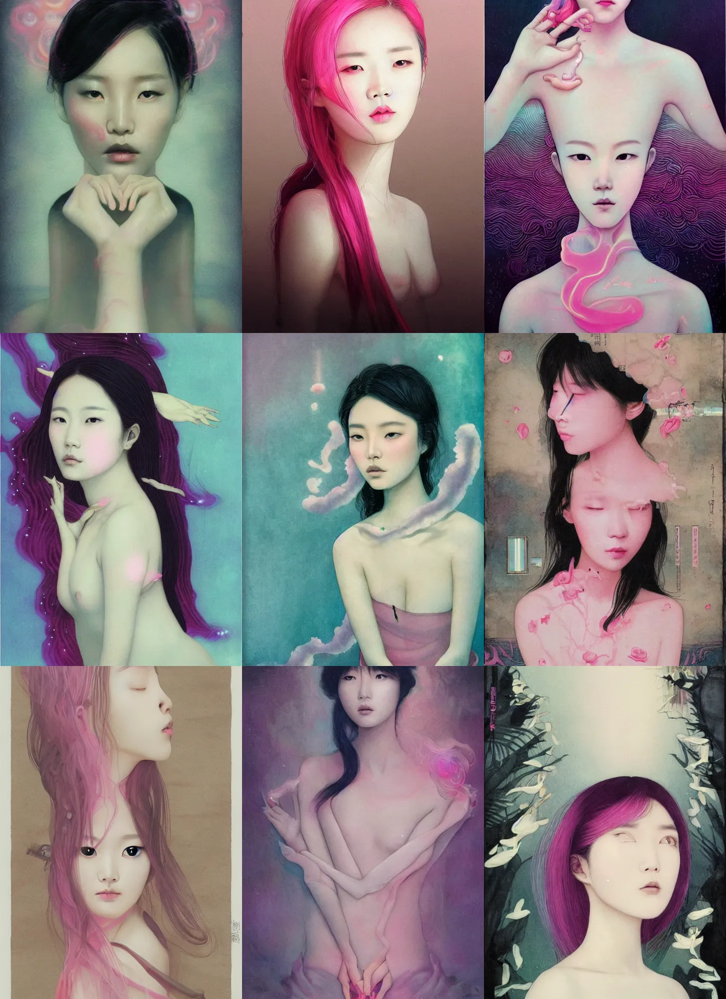 Prompt: lee jin - eun emerging from pink bioluminescent wave in ivory cyberpunk theme by tran nguyen, rule of thirds, seductive look, beautiful