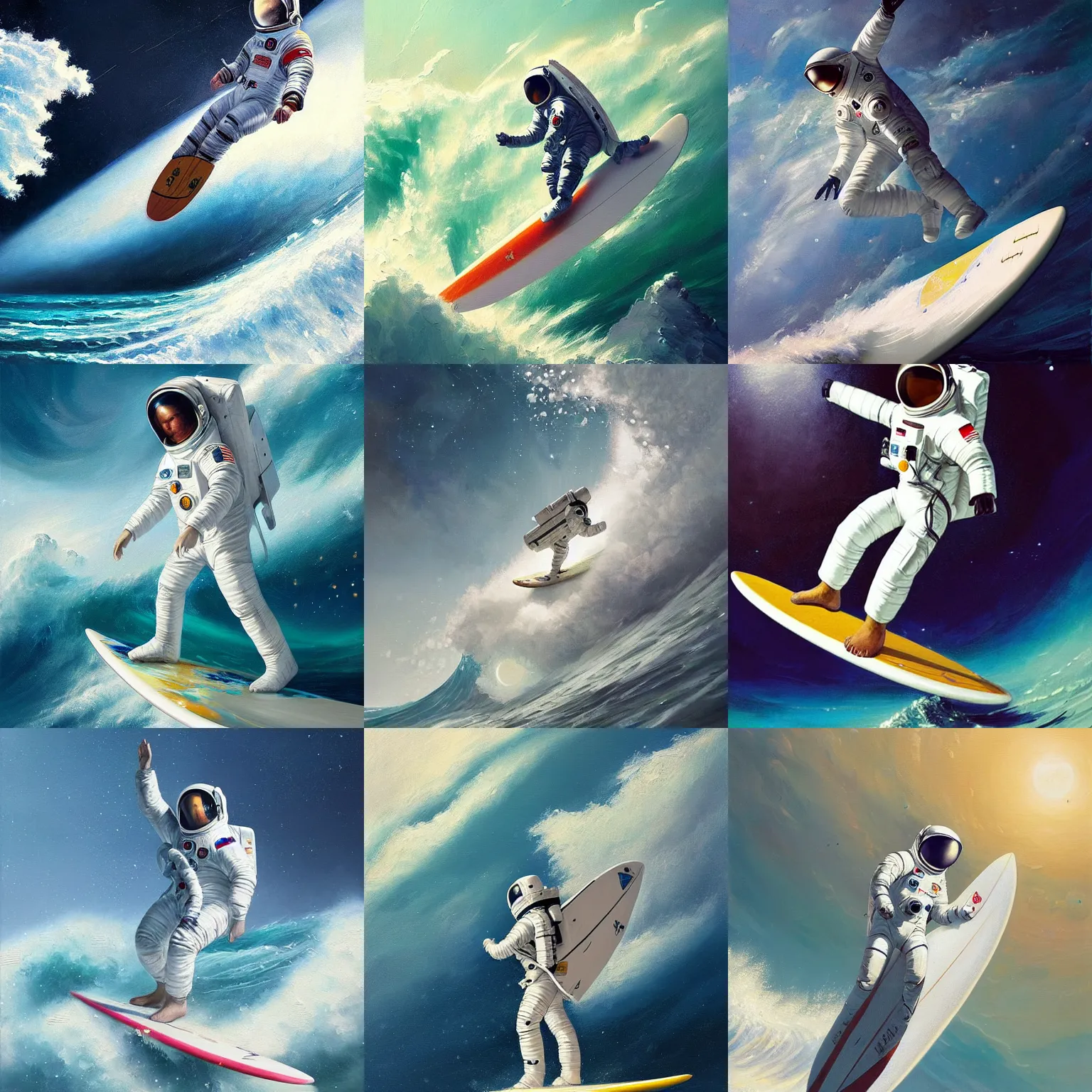 Prompt: a beautiful painting of an astronaut in a white space suit surfing the great wave on a surfboard by greg rutkowski, impasto oil painting, trending on artstation, intricate, octane render