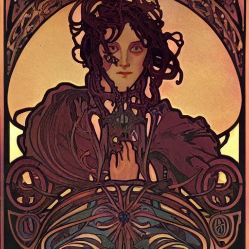 Image similar to lovecraftian protagonist by alphonse mucha