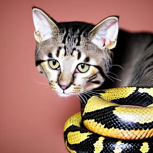 Prompt: a feline snake - cat - hybrid, reptile animal photography