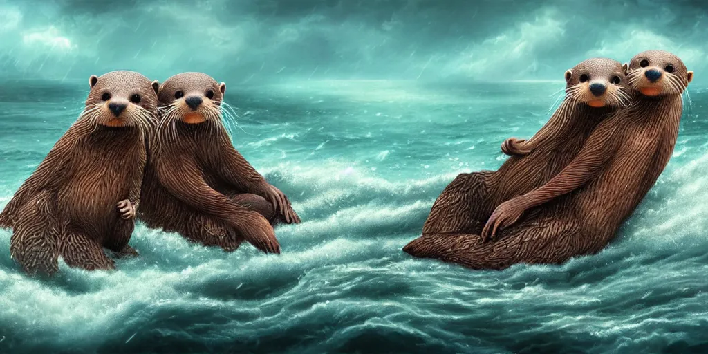 Image similar to beautiful fantasy illustration hyper detailed a pair of cute otters falling in love holding hands in a huge storm at sea cinematic dreamlike trending on artstation masterpiece