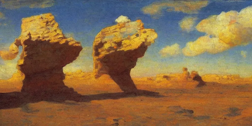 Prompt: desert landscape, a huge space ship is hovering in the sky, painting in style of Ilya Repin,