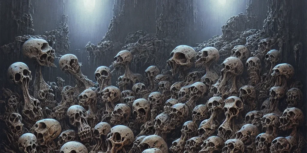 Prompt: wasteland of malformed mammal skulls, Zdzislaw Beksinski, Wayne Barlowe, Joe Fenton, gothic, cosmic horror, dystopian, biomorphic, lovecraftian, amazing details, cold hue's