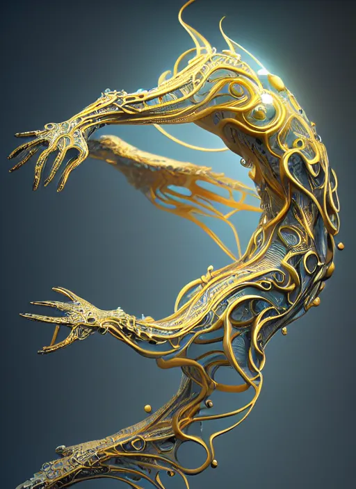 Image similar to abstract organic ornament in fluid creature, white and gold biomechanic plastic, glow lighting, fantasy, intricate, elegant, highly detailed, lifelike, photorealistic, octane render, 3d, concept art, smooth, sharp focus,