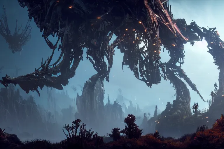 Image similar to wide epic shot from horizon forbidden west. a hyper detailed organic mechanic creatuve realistic similar look as horizon forbidden west horizon zero dawn, bioluminiscence in a dark deep forest at dawn in spring, with reflection and textures, by kilian eng, substance painter reaslitic mech surface metal painted scratches, world env from horizon forbidden west horizon zero dawn