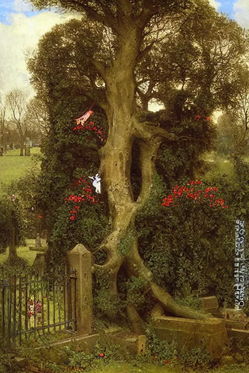 Image similar to a giant red skull in a magnificent crown fly along a cemetery along a path near a church in Manchester england, overgrown, weeds and ivy on the graves, an old twisted tree, a high stone wall, lawrence alma-tadema