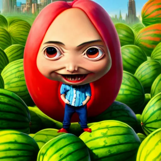 Prompt: an epic chibi comic book style portrait painting of a john waters as a watermelon, character design by mark ryden and pixar and hayao miyazaki, unreal 5, daz, hyperrealistic, octane render, cosplay, dynamic lighting, intricate detail, harvest fall vibrancy, cinematic