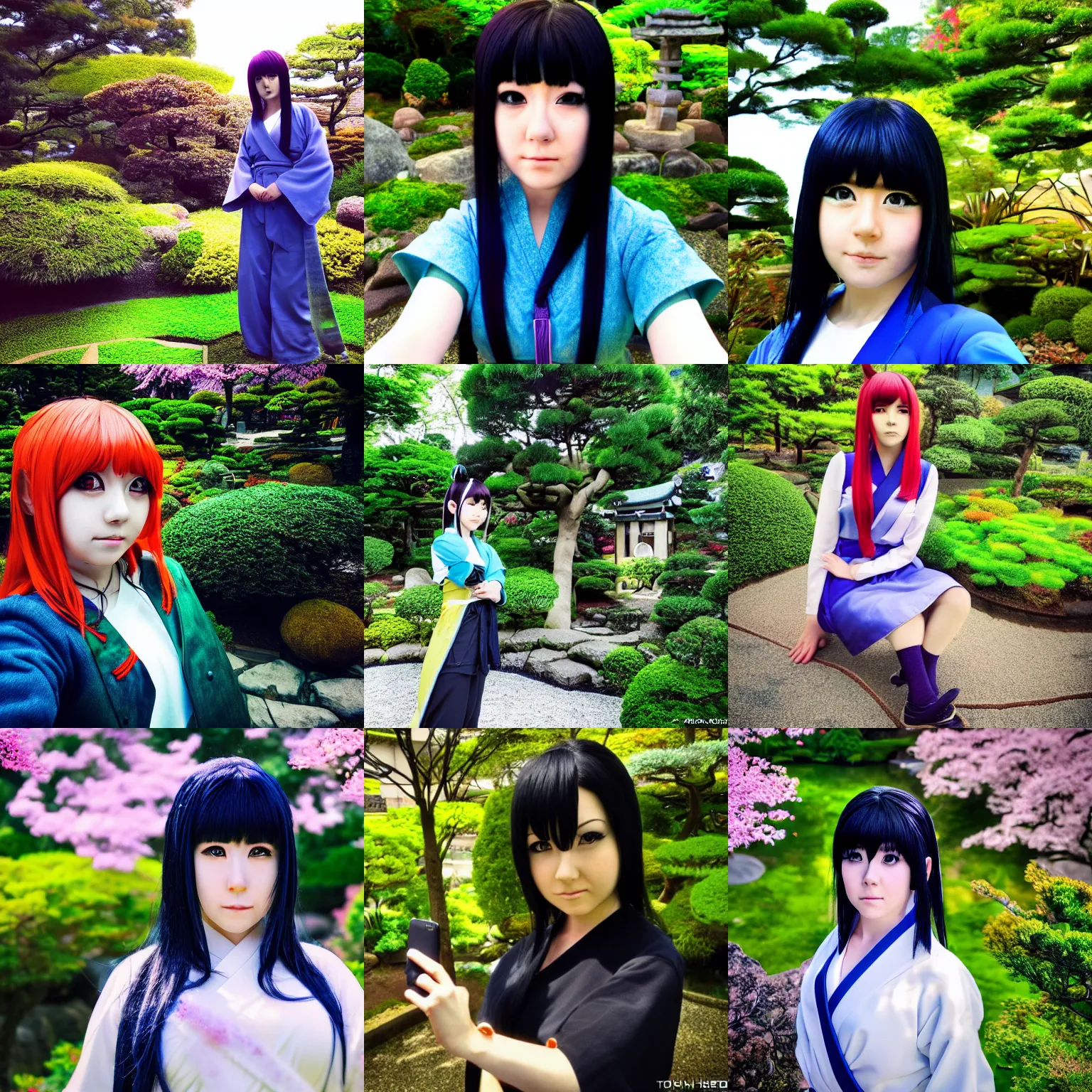Prompt: Hinata Hyuga cosplayer in a japanese garden, hdr iphone selfie, focus, sharp, aesthetic