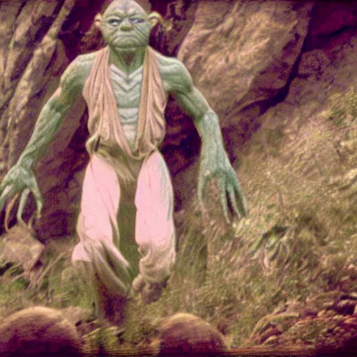 Image similar to A singular creature mix between Yoda and Gollum, center frame medium shot, shot on technicolor cinemascope 35mm anamorphic lense, flare, still from a movie