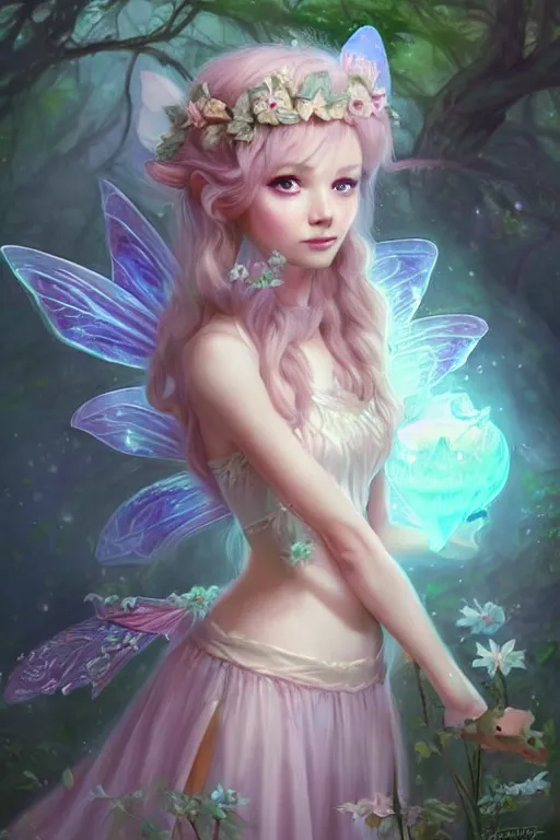 Image similar to a cute fairy in the dreamy forest, fantasy, 8 k resolution, hyper detailed, d & d, character design, digital painting, trending on artstation, sharp focus, illustration, art by artgerm, steve zheng, fuji choko, viktoria gavrilenko, hoang lap