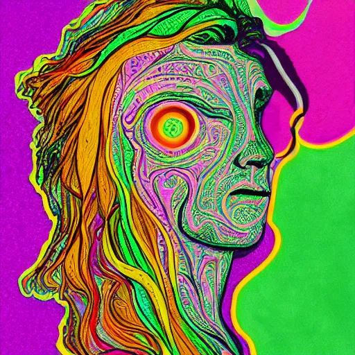 Image similar to a psychedelic illustration of my lehrman doing yoga, medium long brown orange hair, green eyes, round face, thin eyebrows, modern art, purple, pink, green, yellow, orange, dramatic, intricate, detailed, art by famous artist