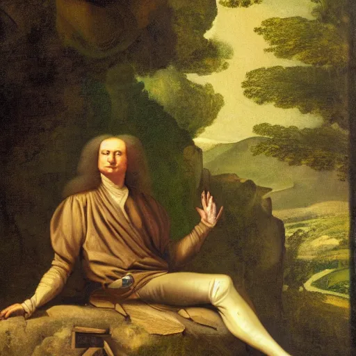 Prompt: issac newton discovering gravity while sitting under a tree ,realistic