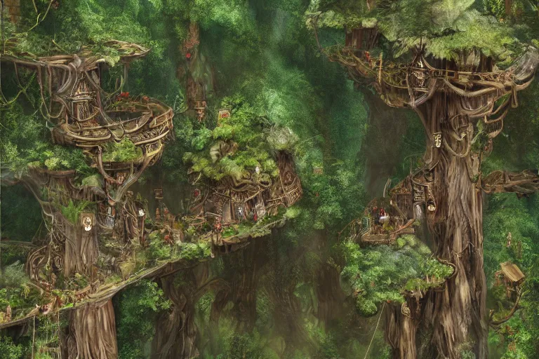 Prompt: a wood elf village suspended high up in the redwood tree canopies, connected by rope bridges, fantasy setting, dense vegetation, very detailed, d & d concept art, 4 k