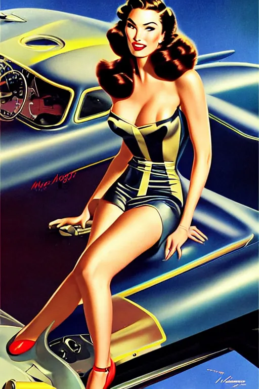 Image similar to beautiful retro space megan fox varga girl sitting on a corvette in diesel punk city, windblown dark hair, retro pinup model, seductive, 1 9 4 0, glamour pose, intricate, smoke, hyper detailed, digital art, smooth, sharp focus, alberto vargas, gil elvgren, greg rutkowski