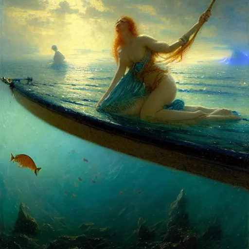 Image similar to point of view of deep in the ocean looking up, you see fishes, higher the milk way, night time, midnight. highly detailed painting by gaston bussiere, greg rutkowski 8 k