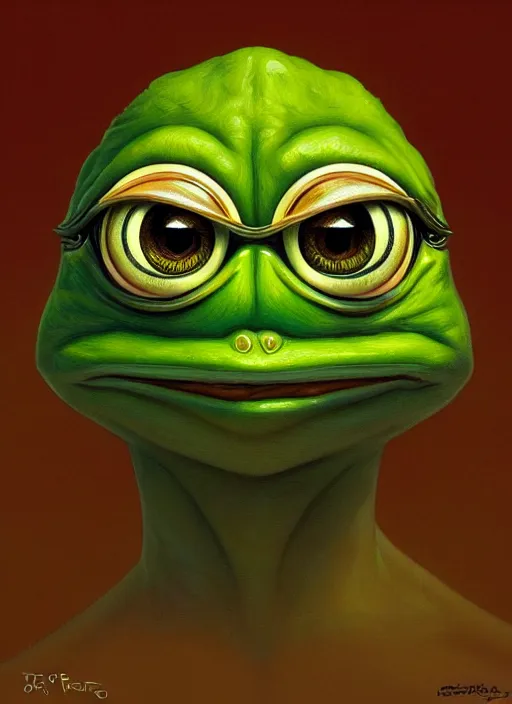 Image similar to pepe the frog, portrait, intricate, sad, highly detailed, digital painting, artstation, concept art, wallpaper, smooth, sharp focus, illustration, art by artgerm and greg rutkowski and alphonse mucha