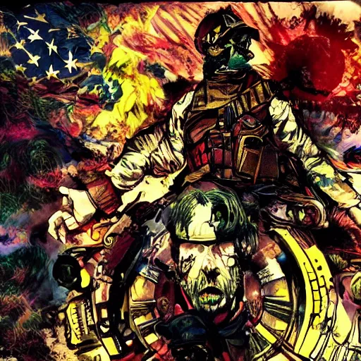 Image similar to civil war photography except it's on acid dmt psychedelic trippy god deities civil war horror psychedelic by yoji shinkawa apophasis