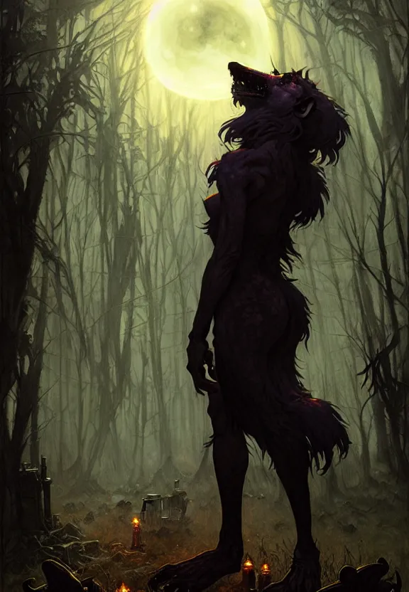 Prompt: encounter with a monstrous werewolf at a spooky old cemetery, fantasy magic, dark light night, horror, sharp focus, illustration, highly detailed, digital painting, concept art, matte, art by WLOP and Artgerm and Greg Rutkowski and Alphonse Mucha, masterpiece