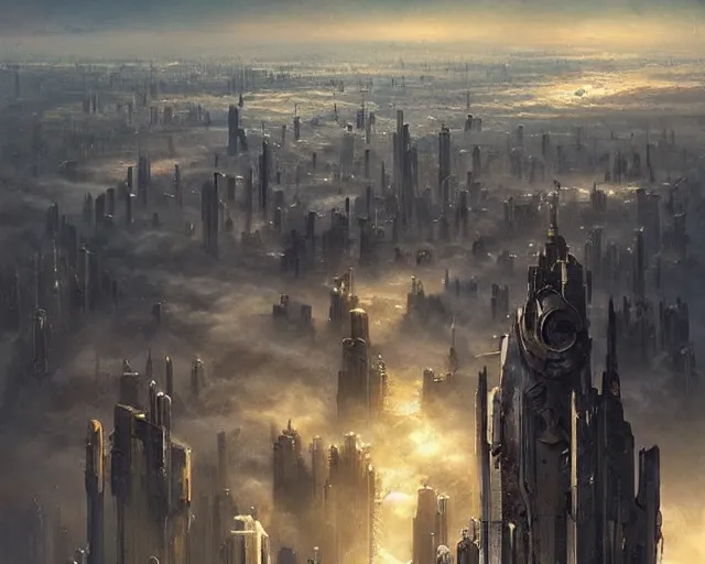 Image similar to great city above the clouds, a sci-fi digital painting by Greg Rutkowski and James Gurney, trending on Artstation, eerily beautiful, highly detailed