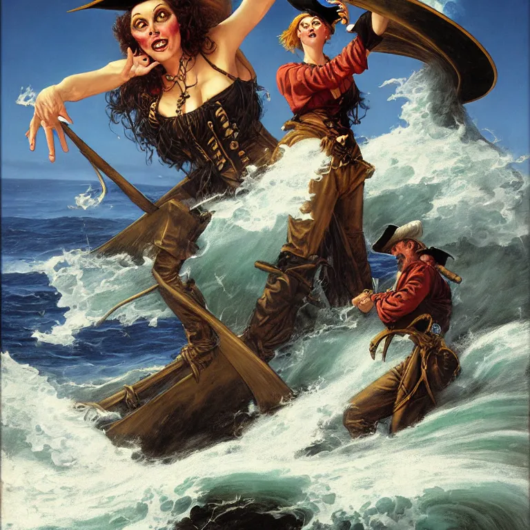 Prompt: a pirate witch summoning a giant wave by mark arian and art frahm and earl moran and fritz willis