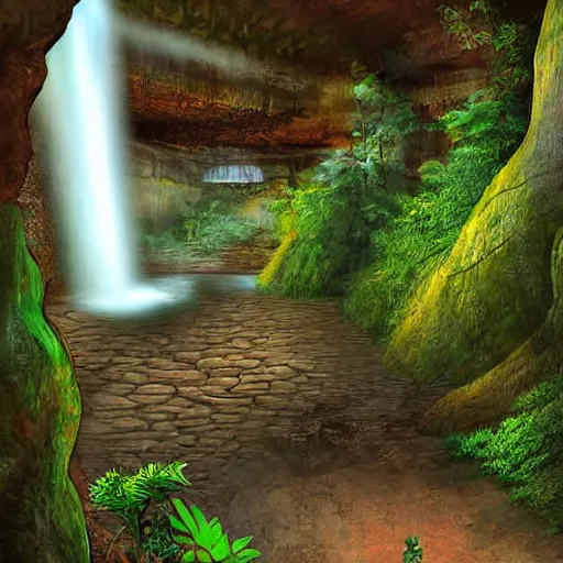 Image similar to ancient temple,plants and waterfalls in the interior of a cave,digital art