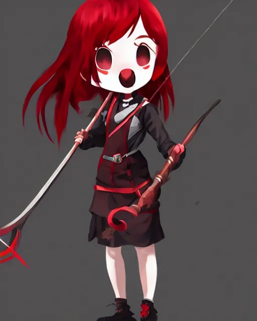 Prompt: red hair cute female maid holding scythe, artstation; by kanliu666, chengwei pan, mingchen Shen, feng wei, crow god