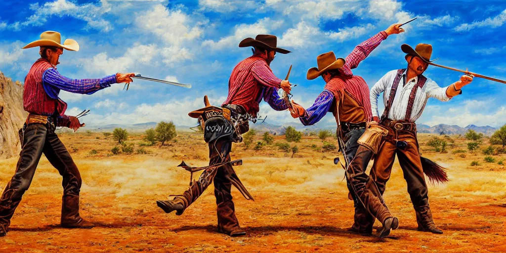 Image similar to photorealist painting of two cowboys dueling, wild west, western duel, cowboy shootout, vivid colors, warm colors, high production value, intricate details, high resolution, hyperrealistic, hdr, high definition, masterpiece, ultra realistic, highly detailed, hd, sharp focus, non blurry, sharp, smooth